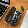 Black and white VV1 true wireless Bluetooth earphones with a compact charging case.