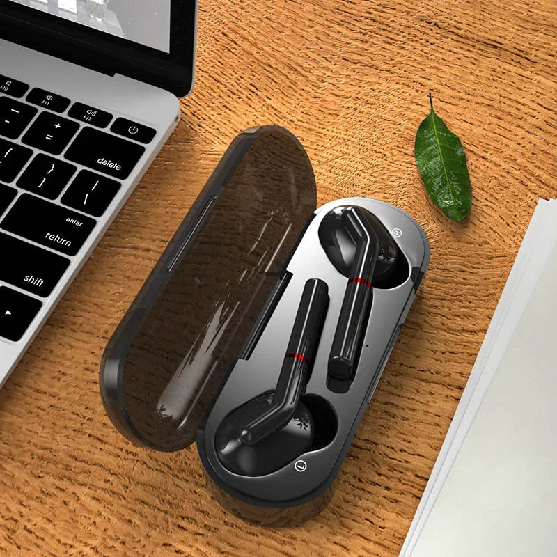 Black and white VV1 true wireless Bluetooth earphones with a compact charging case.