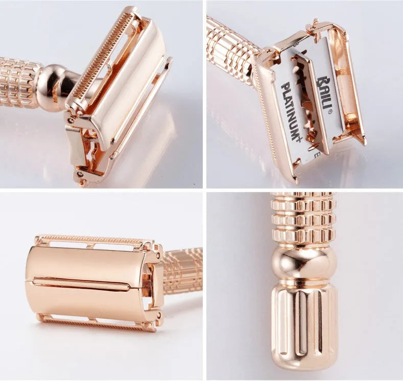 Rose gold chrome plated alloy double edge safety razor with butterfly mechanism in storage box with mirror