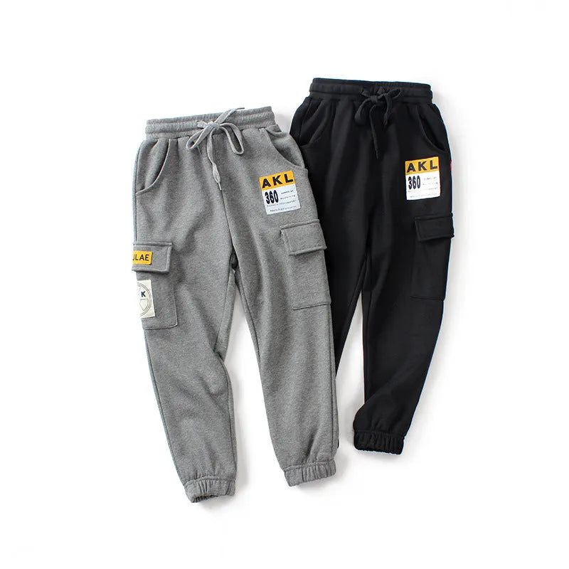 Boys' cotton track pants in black, available in sizes 120cm to 160cm for ages 5-14