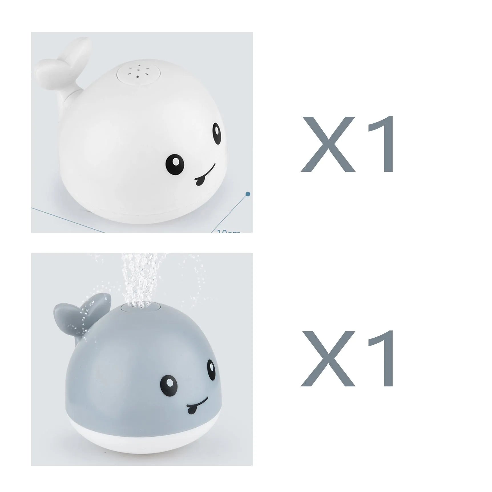 White and blue whale-shaped bath toy spraying water with LED lights on, floating in a baby bath