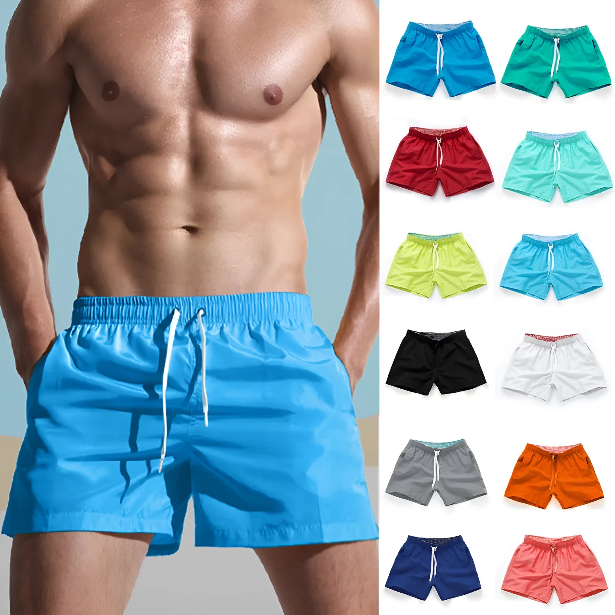 Men's plus size beach shorts in multiple colours including dark grey and navy blue with straight leg design for swimming and surfing