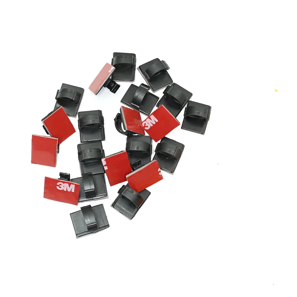Black and white self-adhesive plastic wire buckles for securing cables, shown in assorted pack sizes.