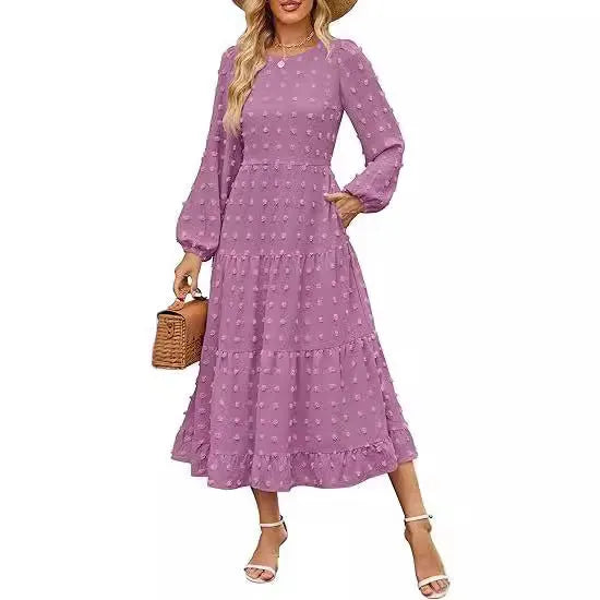 Autumn long sleeve dress with high waist and ruffle sleeves in solid colour options