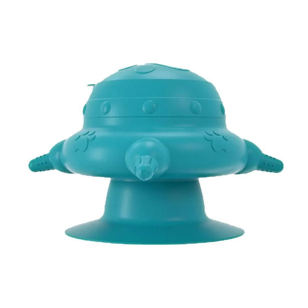 Pink silicone pet nursing bottle with bionic breast shape and four attached nipples on a flat base.