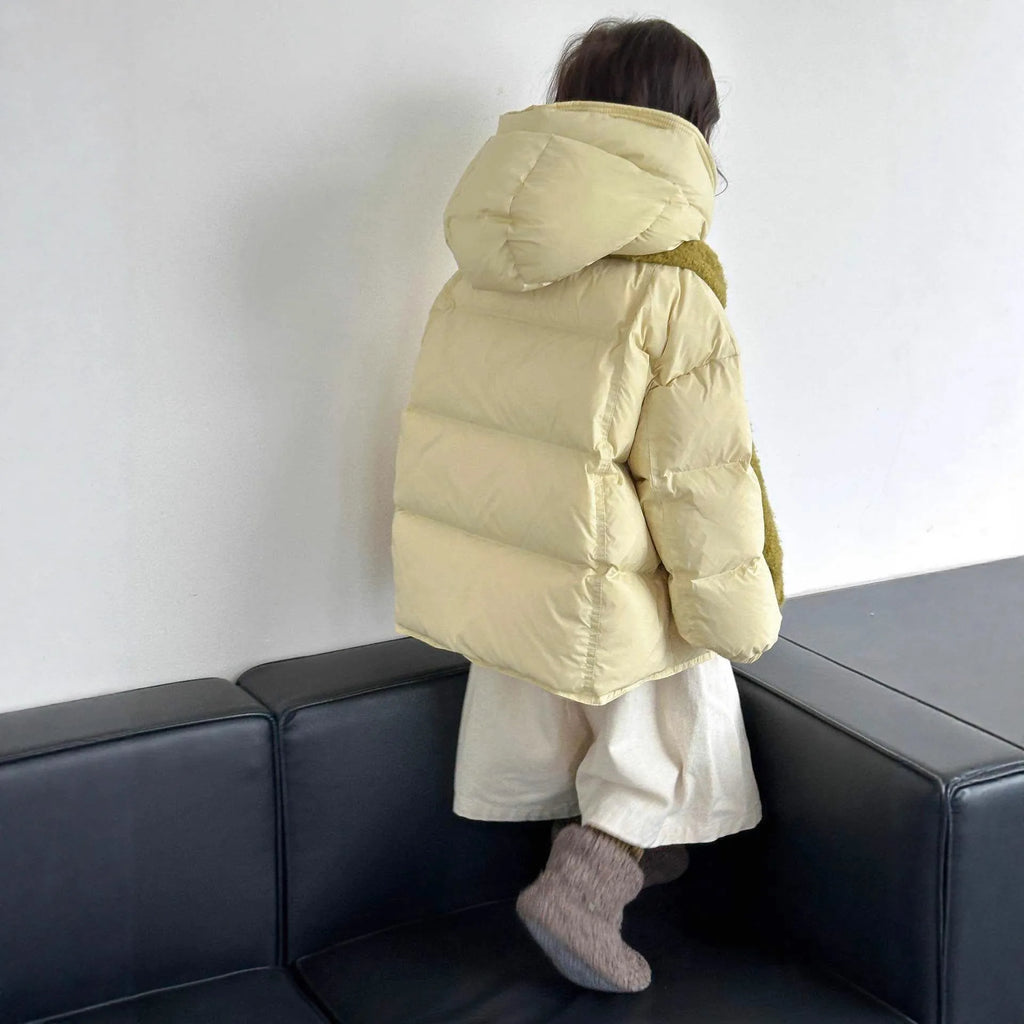Girl's thickened down jacket with 90% white duck down in yellow, pink, black, gray, or red, sizes 110cm to 160cm
