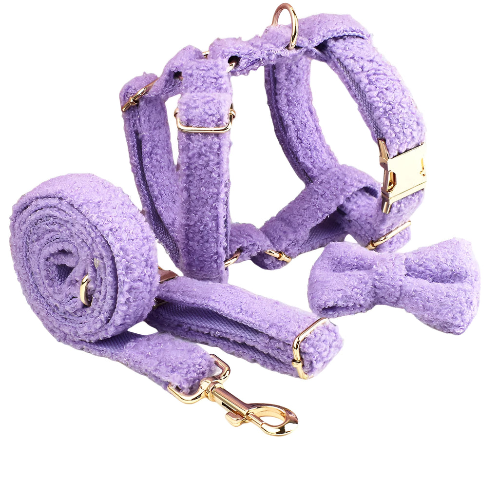 Purple cloth dog collar, leash, bow, and vest set for small dogs