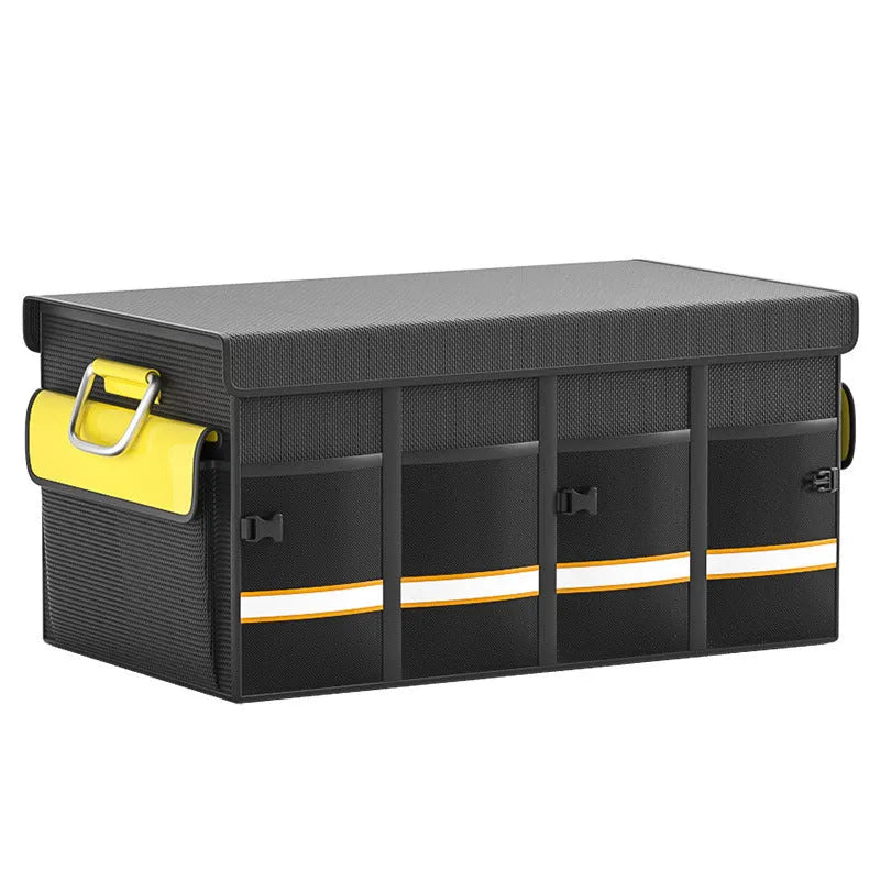 Black and yellow foldable fabric car boot storage organiser bag with handle in three size options.