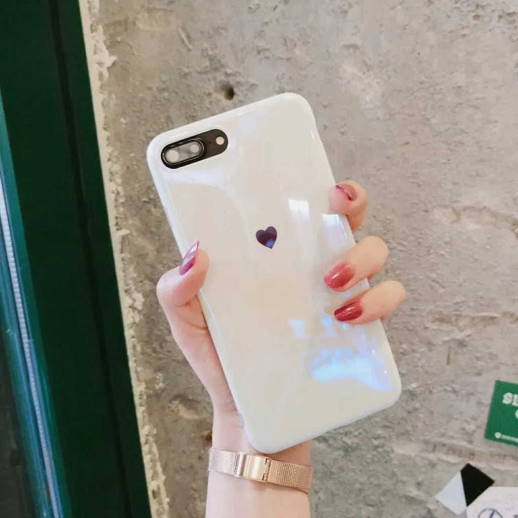 Clear transparent iPhone case with love heart design and blue light effect for iPhone models