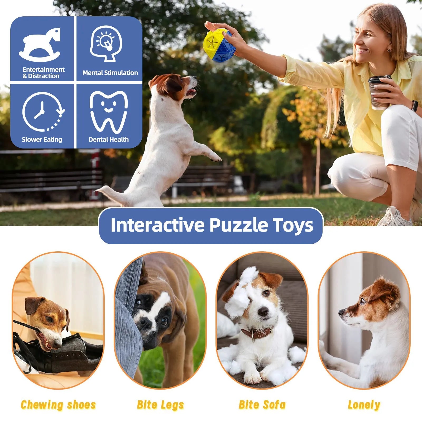 Blue biting-resistant hollow dog toy ball for interactive food puzzles