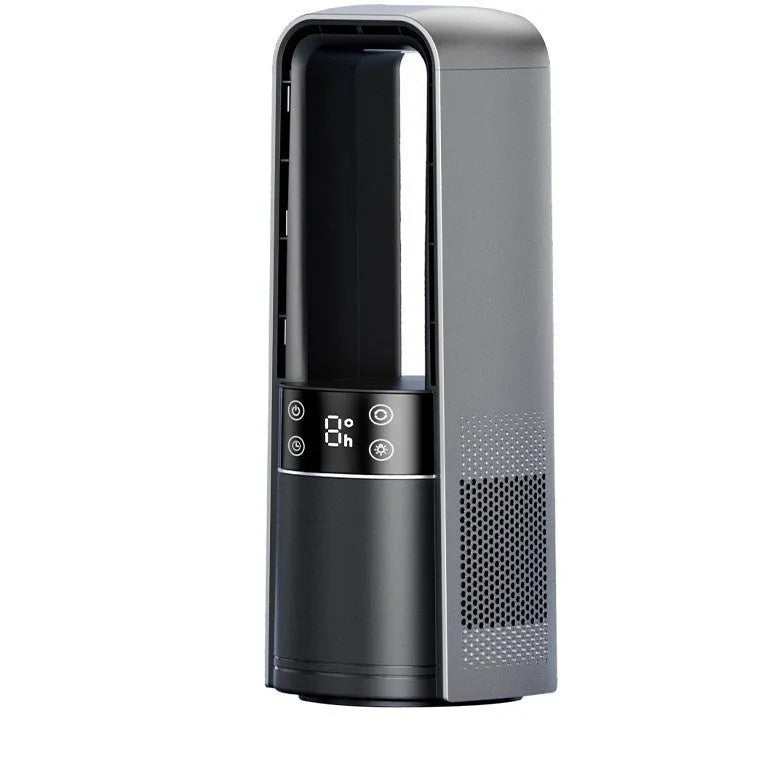 Light gray bladeless twin-turbo ice-sensing fan with digital display and night light on a table
