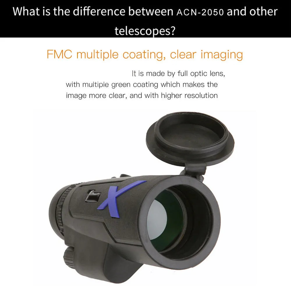 Black monocular telescope with 12x magnification and 50mm objective lens for outdoor observation