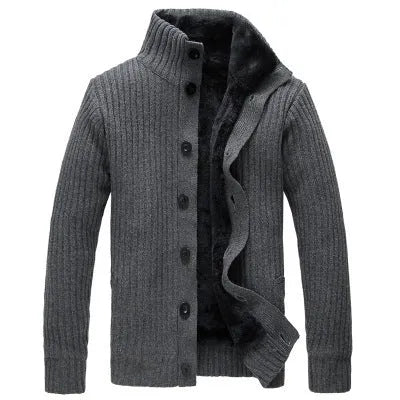 Men's cotton vinylon blend cardigan sweater with standing collar, black colour, thick long sleeves