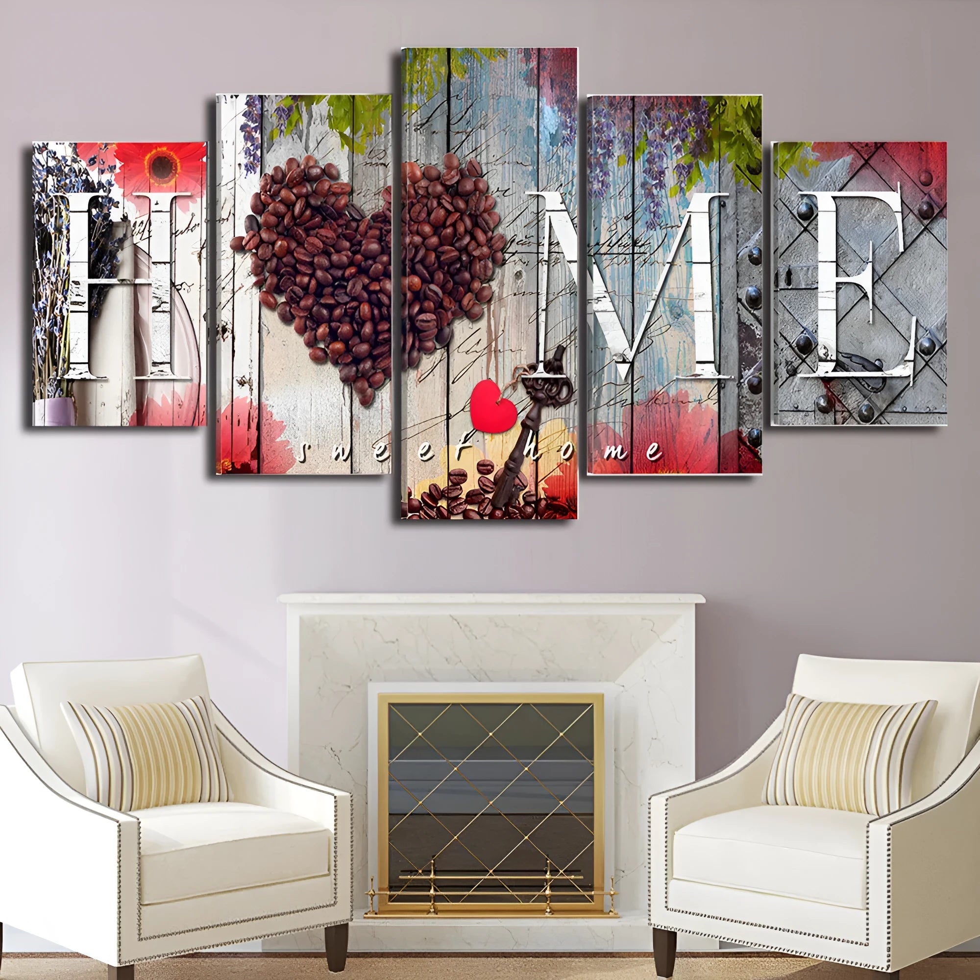 Red oil painting wall decoration board set with five panels in mixed sizes for home interiors
