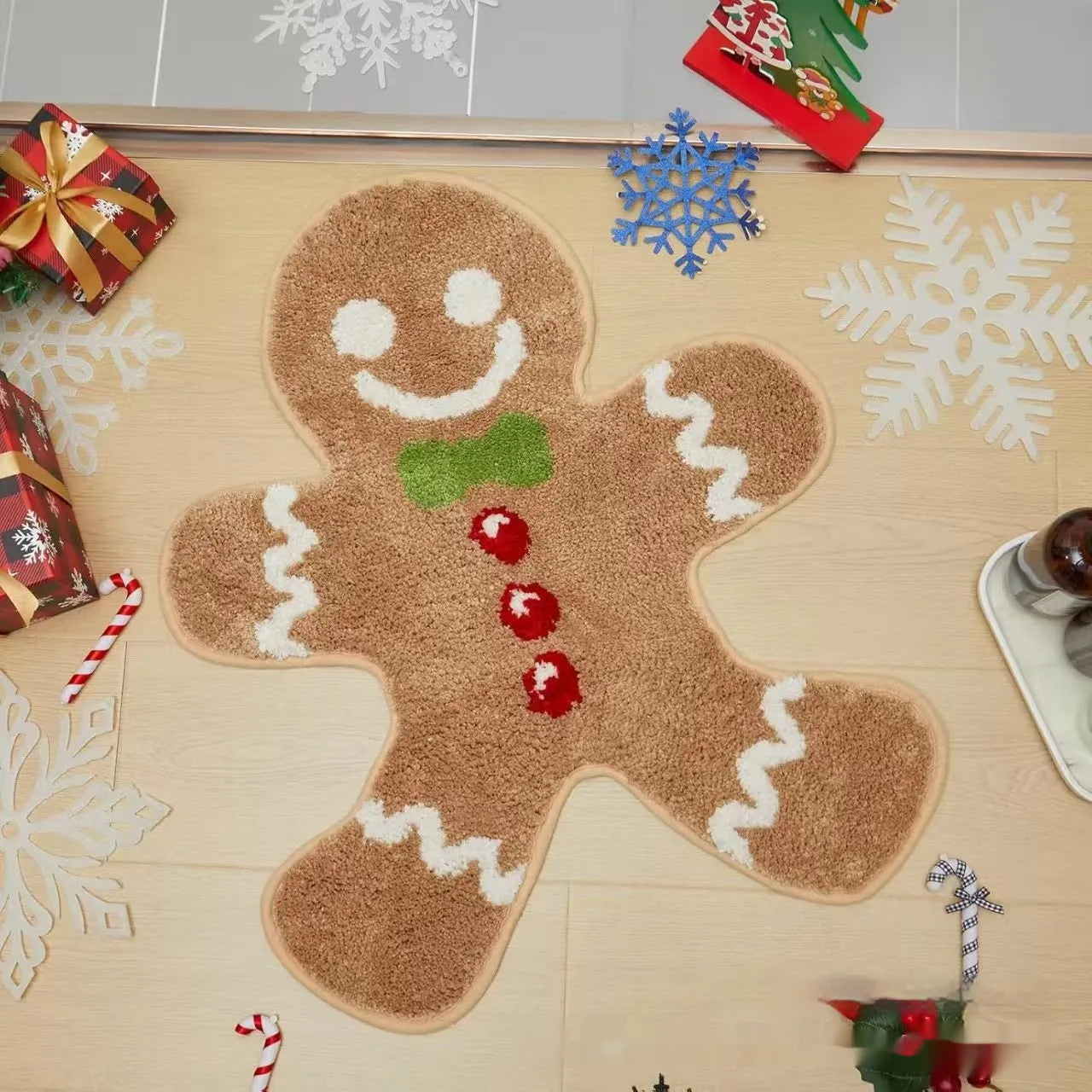 Christmas hallway mat with irregular shape and festive printed designs including Santa Claus pattern