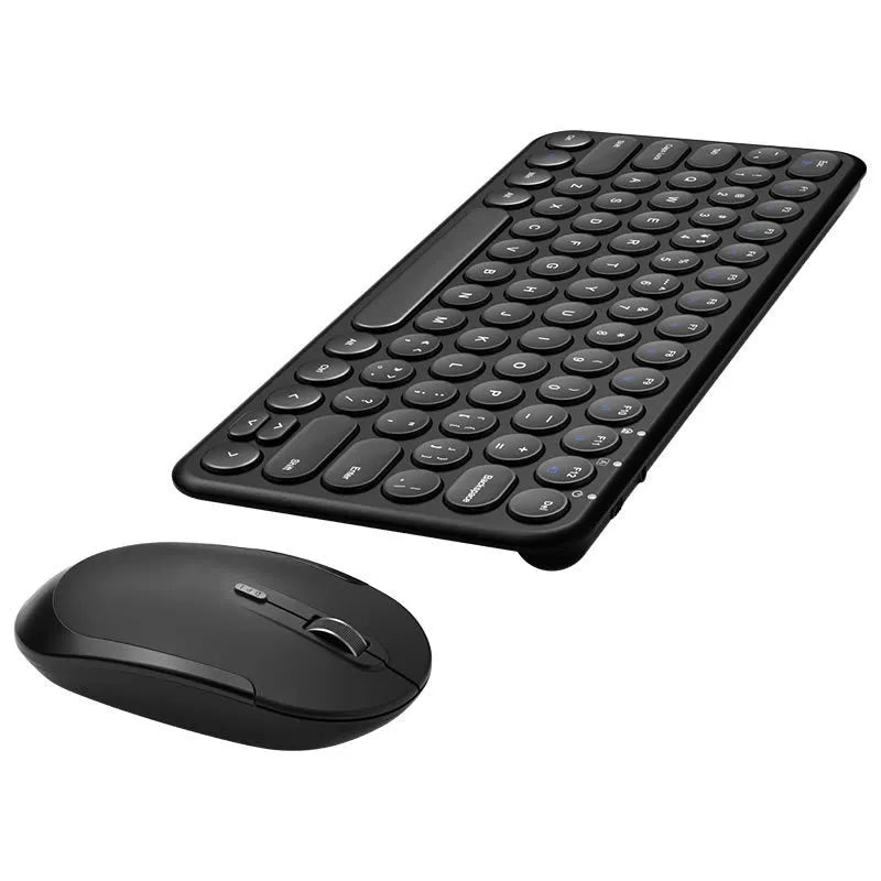 Ultra-thin white wireless keyboard and mouse set with USB dongle on a wooden desk.