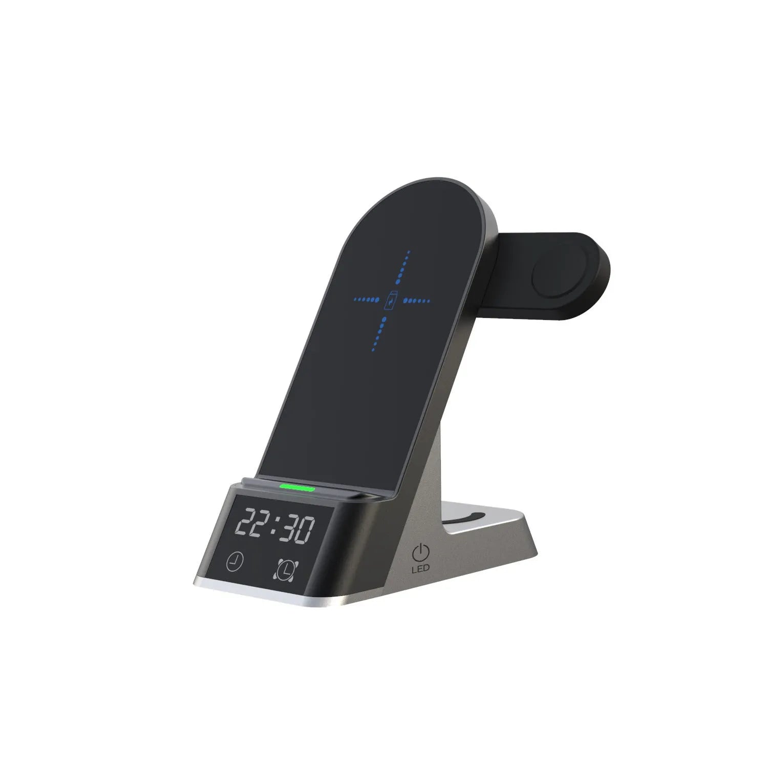 Black multifunctional alarm clock with wireless charging pad, Apple Watch dock, and USB-A port on bedside table.