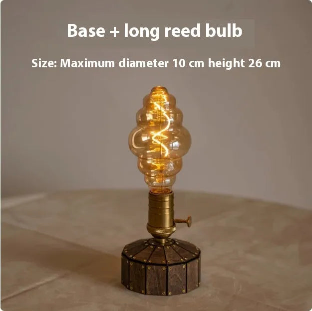 Retro glass USB charging bedside lamp with wooden base and ST64 style bulb