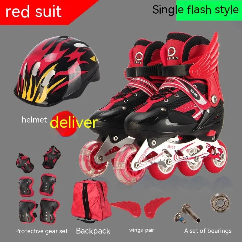 Adjustable children's roller skates in yellow with aluminium frame, PU foam wheels, and included helmet and protective gear.