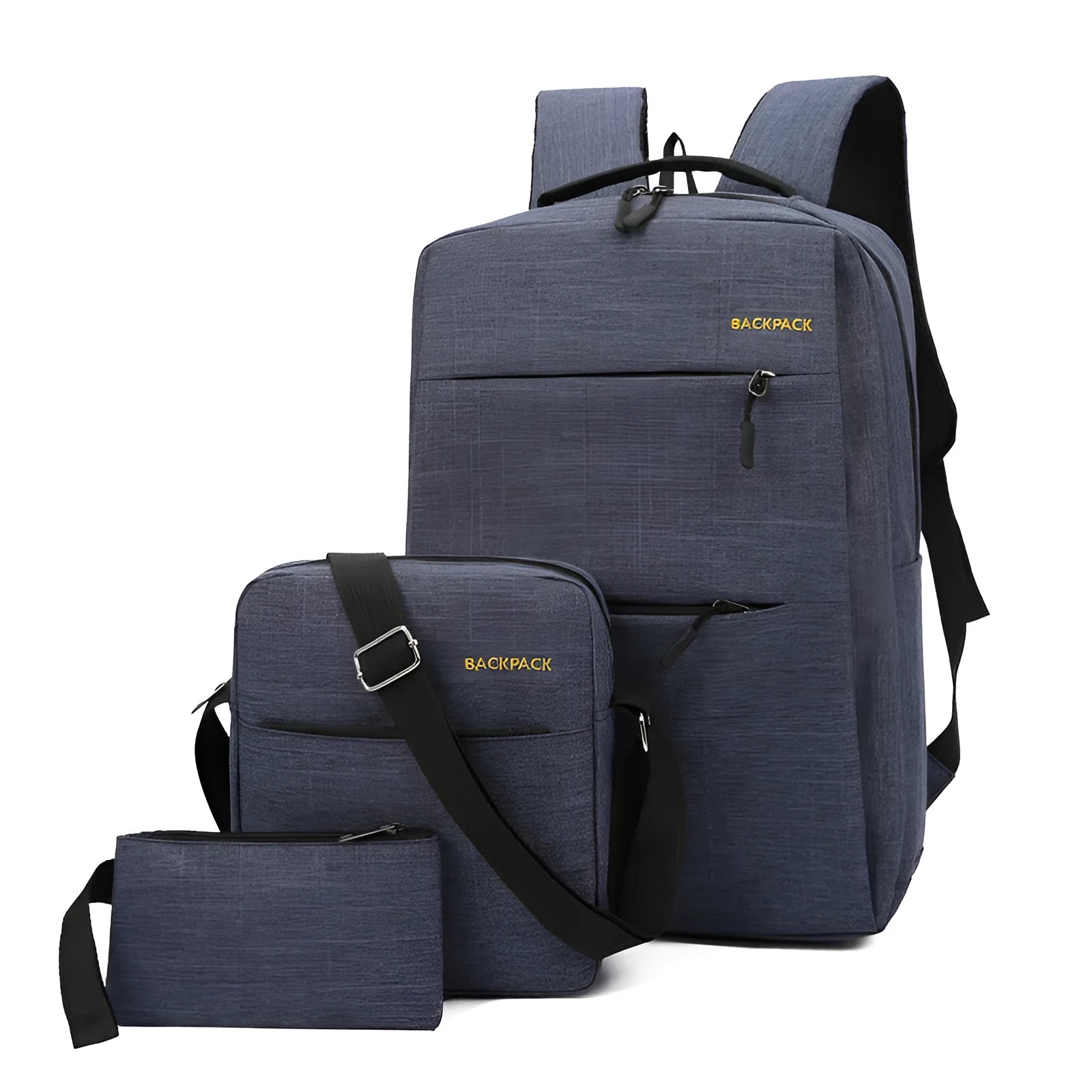 Men's casual fashion computer bag three-piece set in nylon, showing USB charging port and internal compartments.
