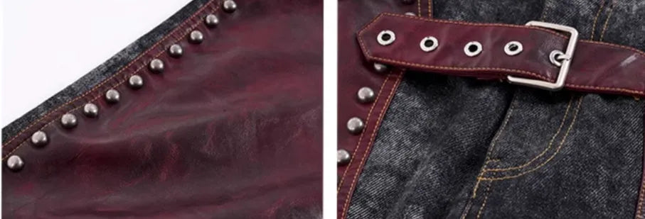 Red leather rivets vest coat with lapel collar and matching pants, Korean-style heavy industry design for men