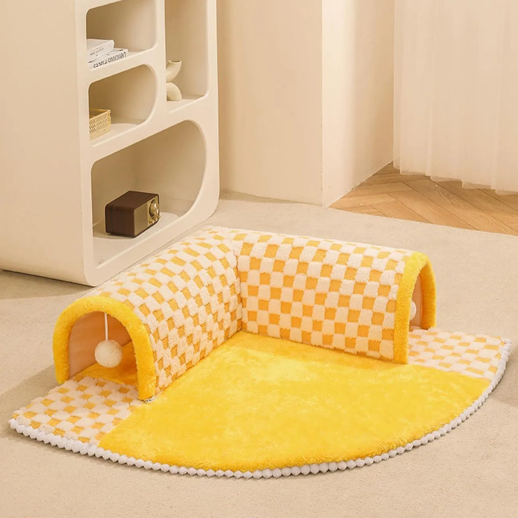 Coffee-colour fan-shaped plush pet bed tunnel for dogs and cats with a thick padded mat and anti-slip base.