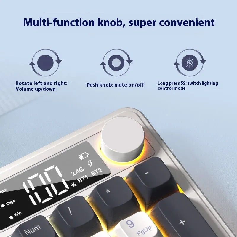 A blue and white two-tone wireless keyboard and mouse combo with mechanical-feel keys on a wooden desk.