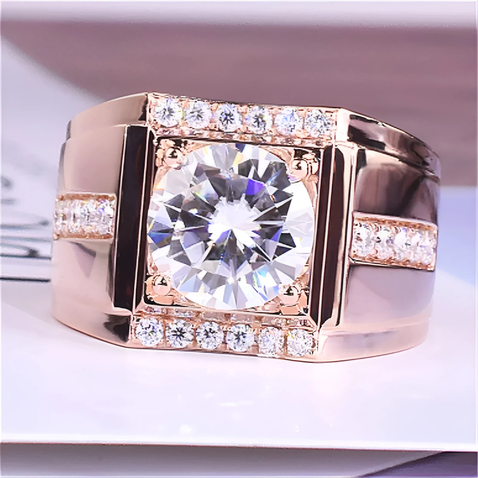 Men's adjustable open mouth imitation moissanite ring in electroplated copper with diamond geometry