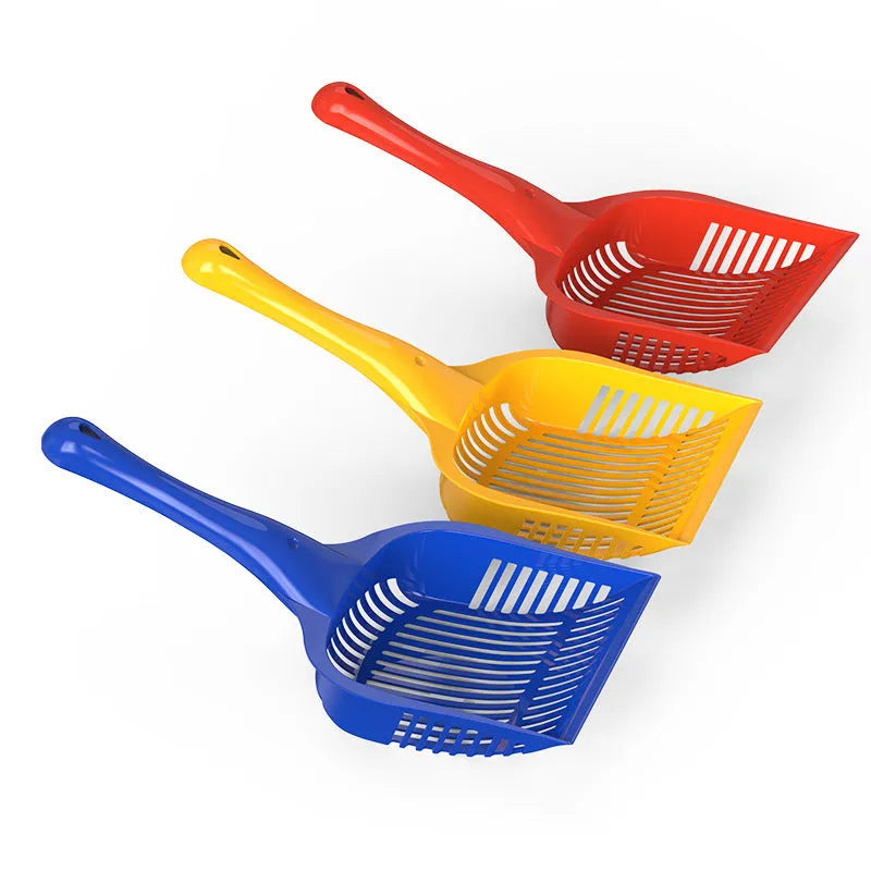 PP plastic cat litter scoop in red, yellow, or blue colour options showing small and medium size comparisons