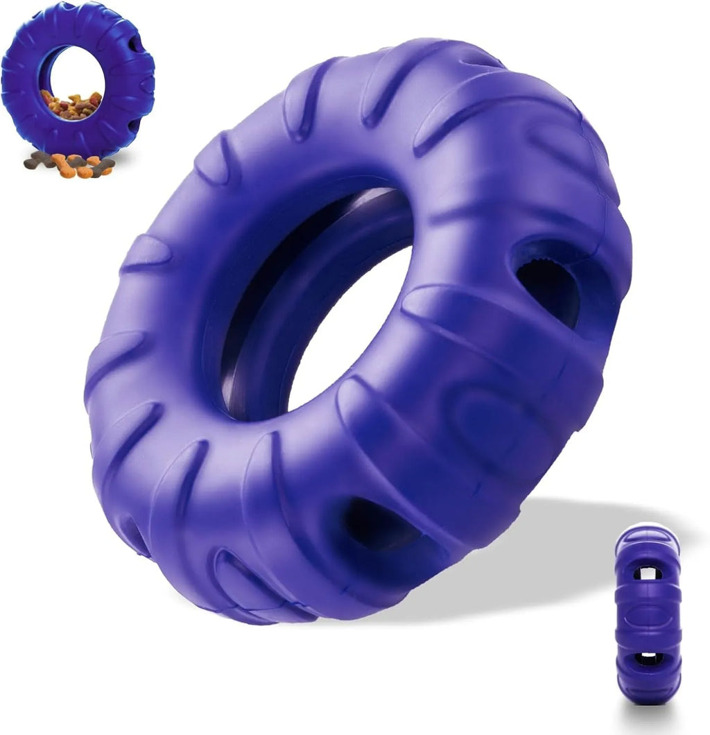 Blue natural rubber tyre-shaped dog chew toy with oval openings for treat dispensing