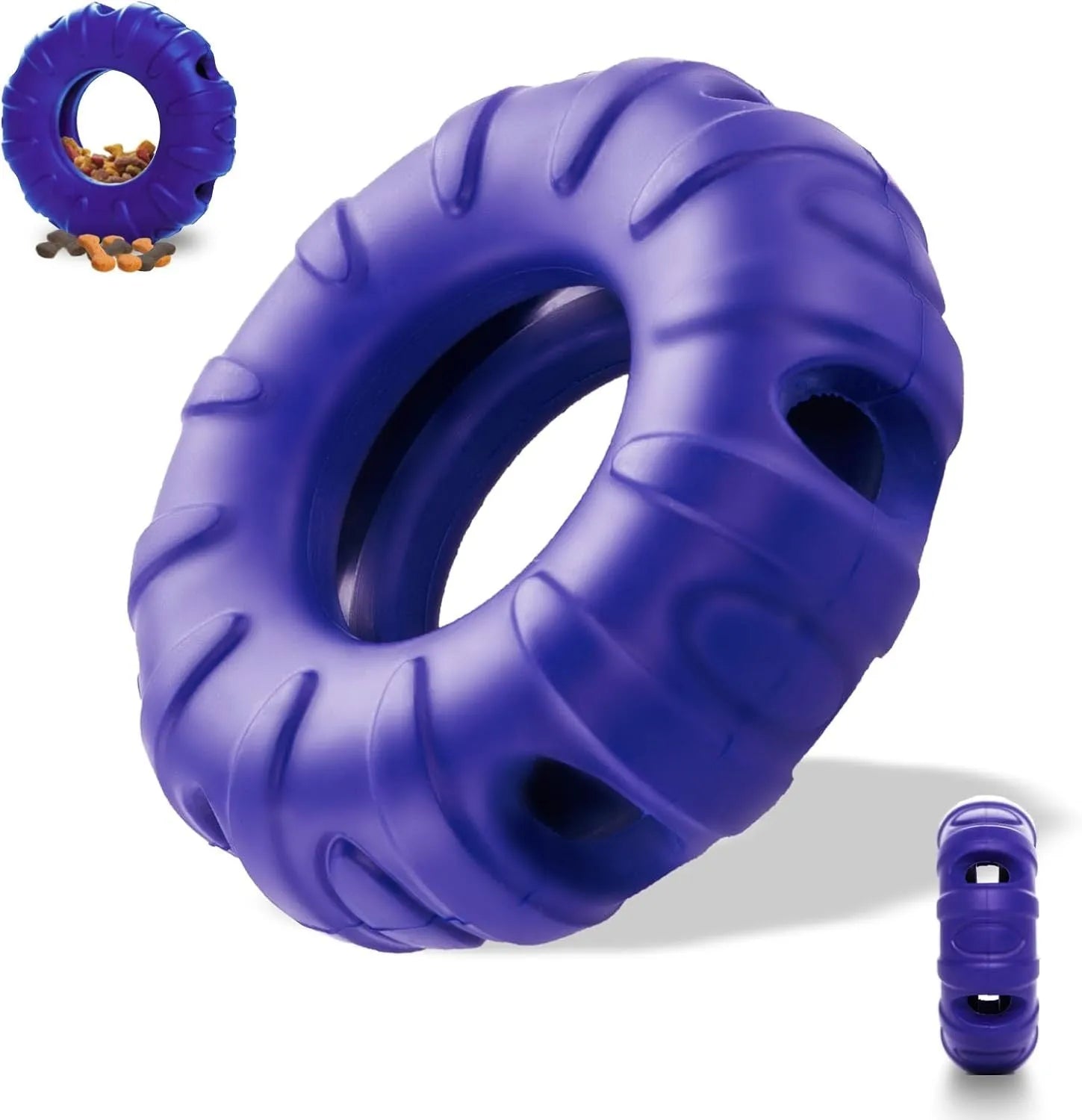 Blue natural rubber tyre-shaped dog chew toy with oval openings for treat dispensing