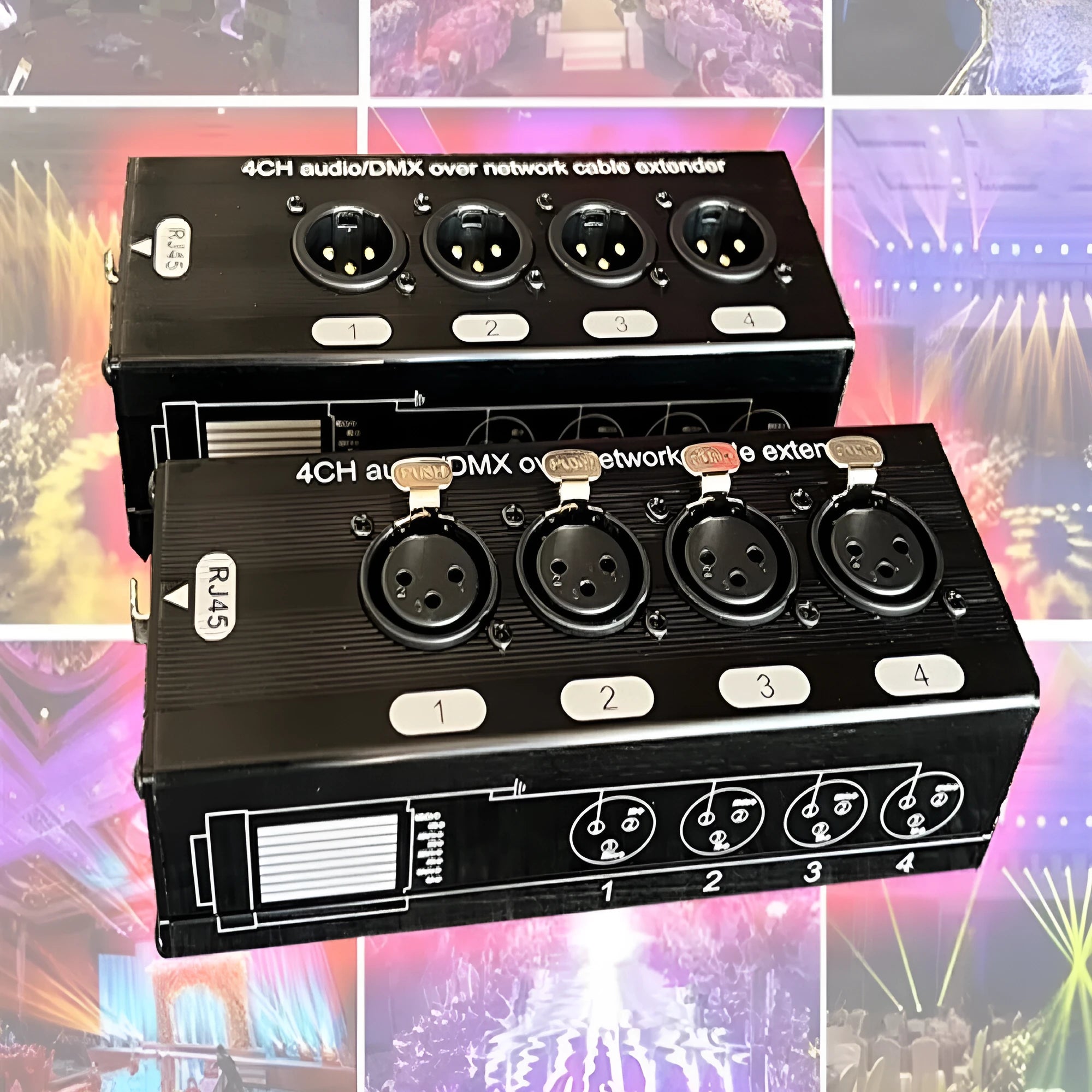 4-way Carnon network cable extender with four XLR ports and Ethercon connection, aluminium alloy shell, 300m range