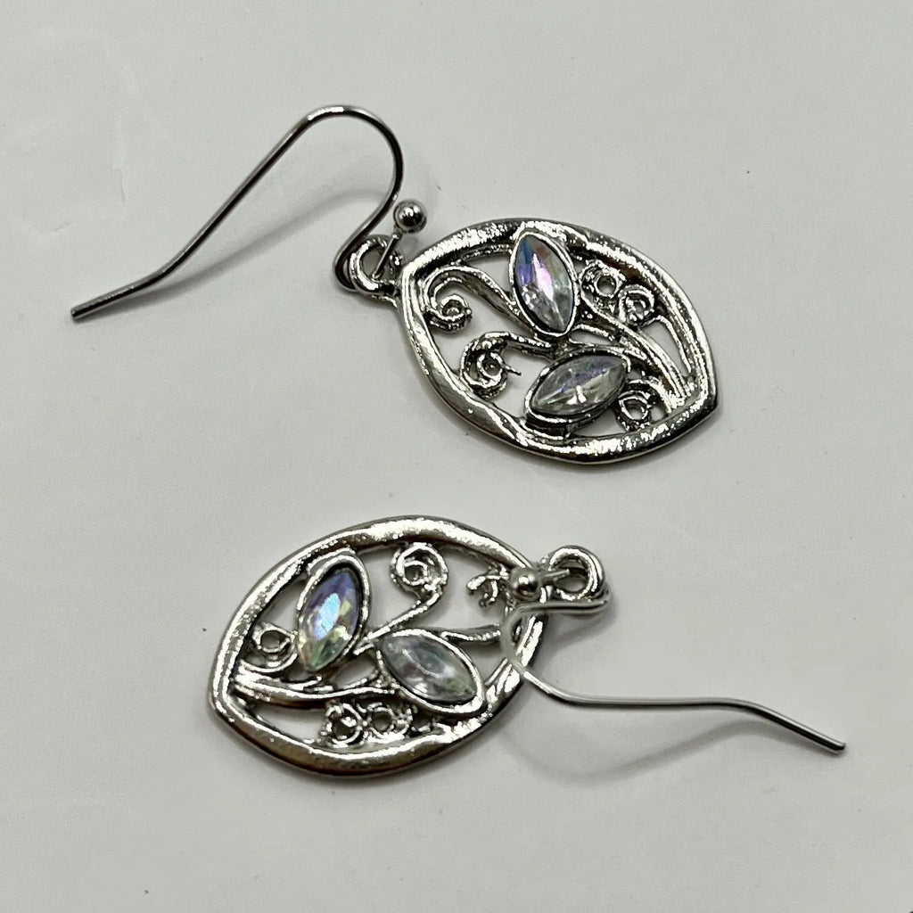 Silver leaf-shaped earrings with colourful embedded moonstone pieces and diamond treatment