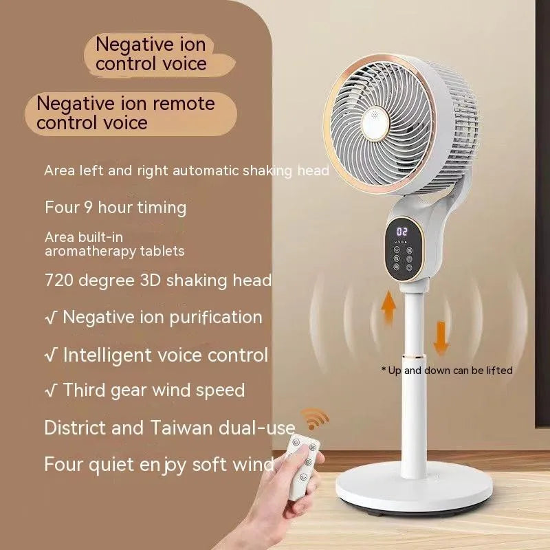 White air circulator fan with lifting column and remote control on a dormitory desk