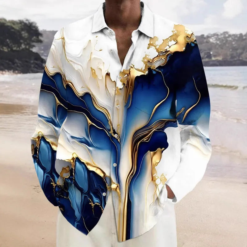 Men's long sleeve cardigan shirt in a multi-colour pattern, made from elastic polyester fabric.
