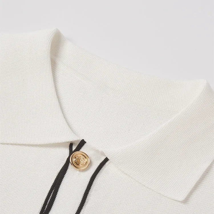 White short sleeve cardigan with contrasting lapels laid flat