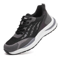 Men's black and grey low-top safety shoes with plastic toe cap, lace-up front, and textured PU sole.