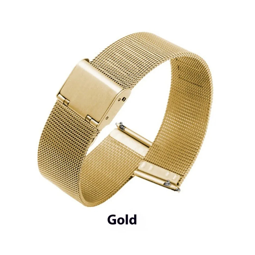 Close-up of a woven stainless steel watch band in silver showing textured metal links.