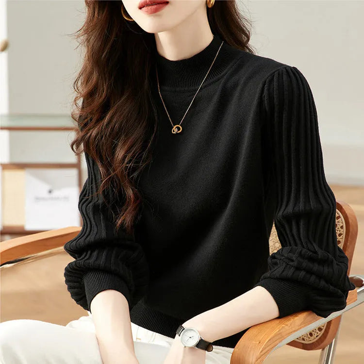 Slimming half turtleneck spandex shirt with sunken stripe design in apricot colour