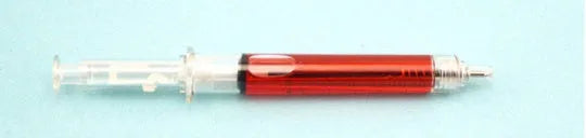 Blue plastic syringe-shaped ballpoint pen measuring 12.5cm with push-type mechanism