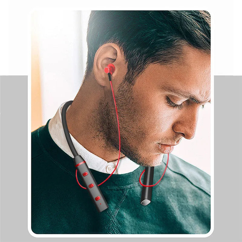 Bluetooth hanging neck earphones in Black or Red with 90-hour battery, magnetic earbuds, and TPE neckband