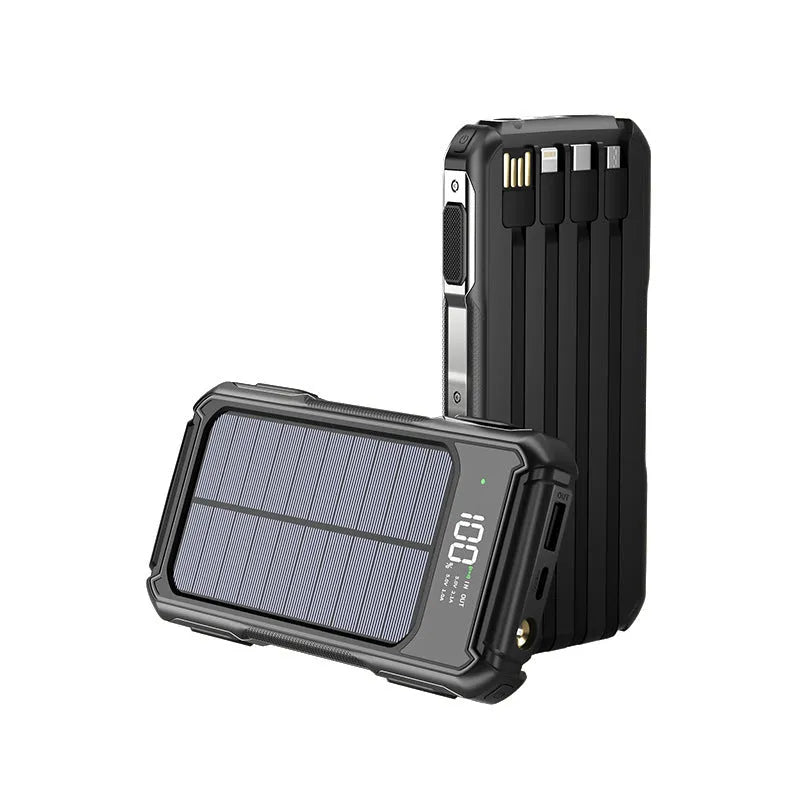 Black military grade mobile power bank showing size next to a smartphone, with green and orange colour variants.
