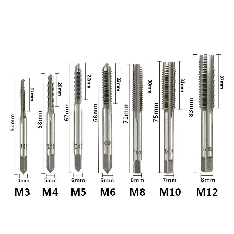 8-piece metric hand tap set M3 to M12 with hinge handle in plastic storage case