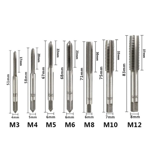8-piece metric hand tap set M3 to M12 with hinge handle in plastic storage case