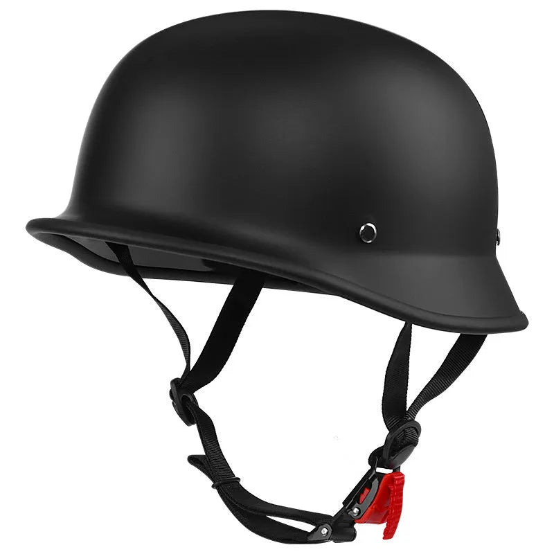 Retro-style helmet with hand-curved ABS shell shown in matte black, bright black, white, cement grey and carbon fibre finishes.