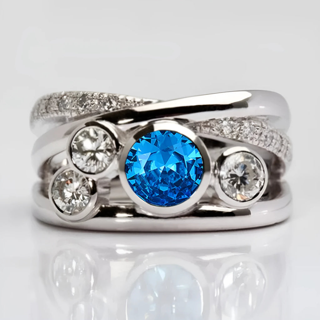 Retro hollow inlaid round copper ring in white gold colour with zircon stones