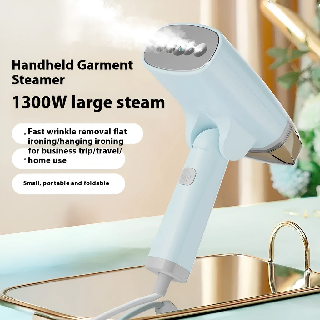 Blue handheld garment steamer unit with water tank and nozzle, showing compact size.