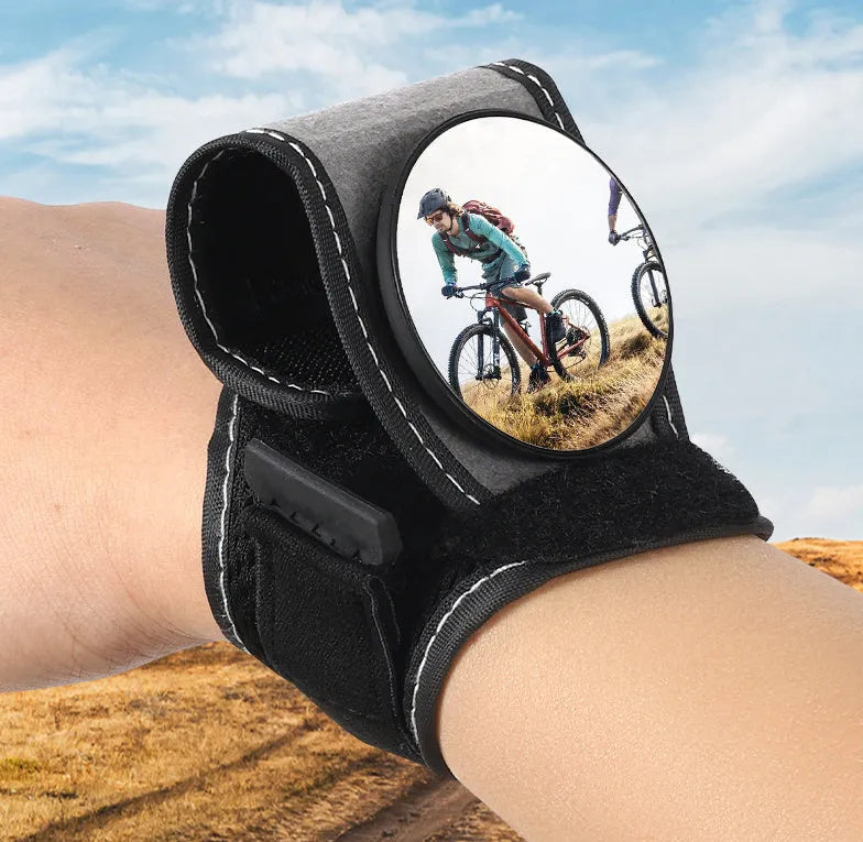 Black bicycle wrist rear-view mirror with adjustable nylon fixture for cycling safety