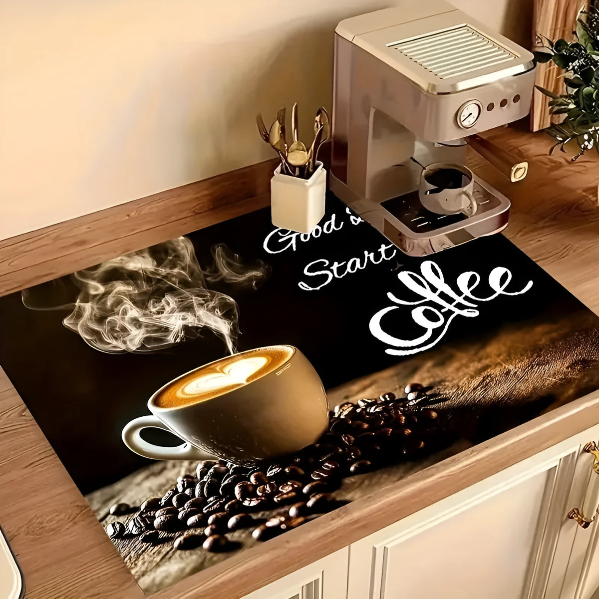 Square PVC kitchen draining pad with K Coffee Time letter design, 40x50cm size