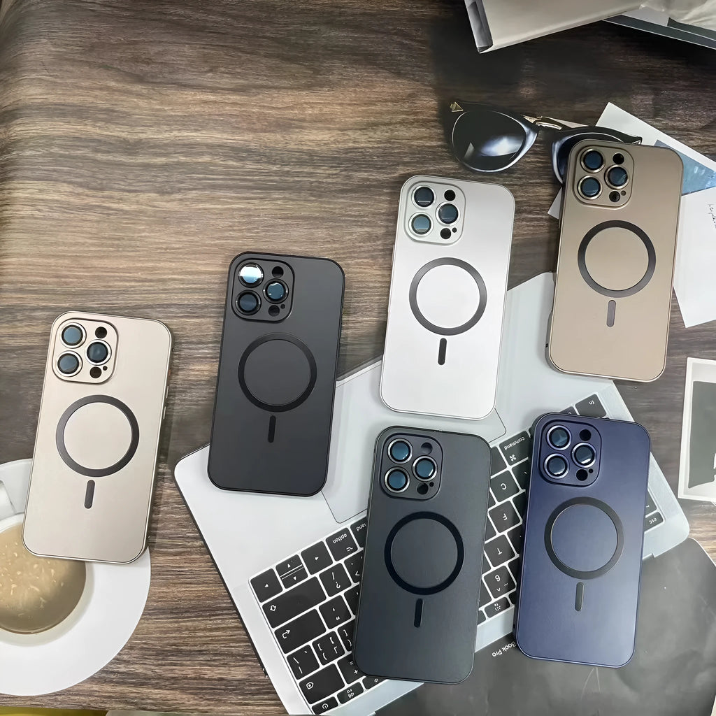 Metal frame magnetic phone case for iPhone 16 series in Titanium Black shockproof anti-fall design
